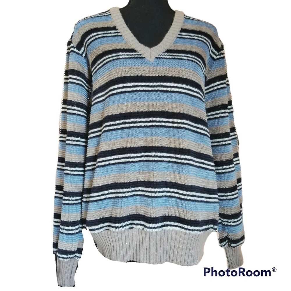Vintage Saturdays in California Textured Stripe V Neck Sweater sz L